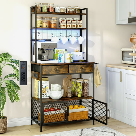 ChVans 64.4" Bakers Rack with LED light & Power Outlets, 5 Tier Microwave Stand with Storage Cabinet and Drawers