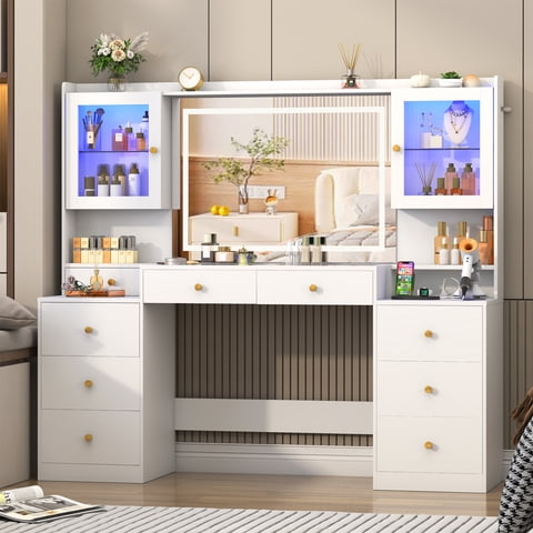 ChVans 62'' Large Vanity Desk with Tempered Glass Top, 60000-color LED Lights, Charging Station, White Makeup Vanity with 3 Lights Mode LED Mirror, 9 Drawers, 2 RGB cabinets for Women, Girls Gift