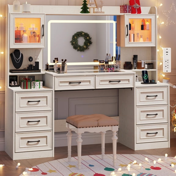 ChVans 62'' Large Vanity Desk with Tempered Glass Top & Charging Station, Farmhouse Makeup Vanity with 8 Drawers & 2 Glass Cabinets & LED Mirror for Women, Girls Gift
