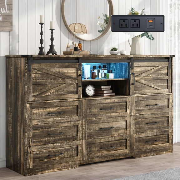 ChVans 63'' Farmhouse Dresser with LED Light & Power Outlet, 9 Drawers, 2 Sliding Doors, 2 Storage layers, Rustic Dresser TV Stand for 70in TV, Wood Storage Cabinet for Bedroom, Living Room, Hallway