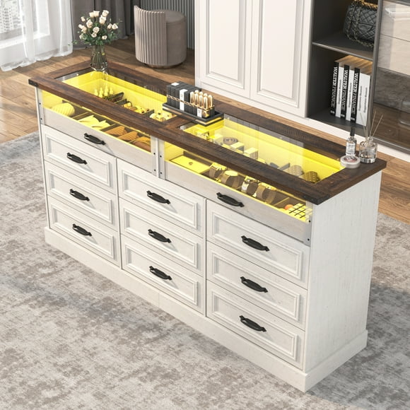 ChVans 63" Long Farmhouse Closet Island with 11 Drawers, Glass Top & LED Lights, Large Farmhouse 11 Drawer Dresser Rustic Wide Chest of Drawers for Bedroom (White)