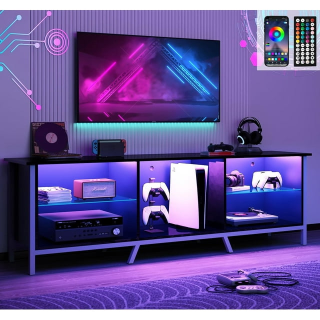 "ChVans 63"" High Glossy Black TV Stand with LED Lights, Modern Gaming