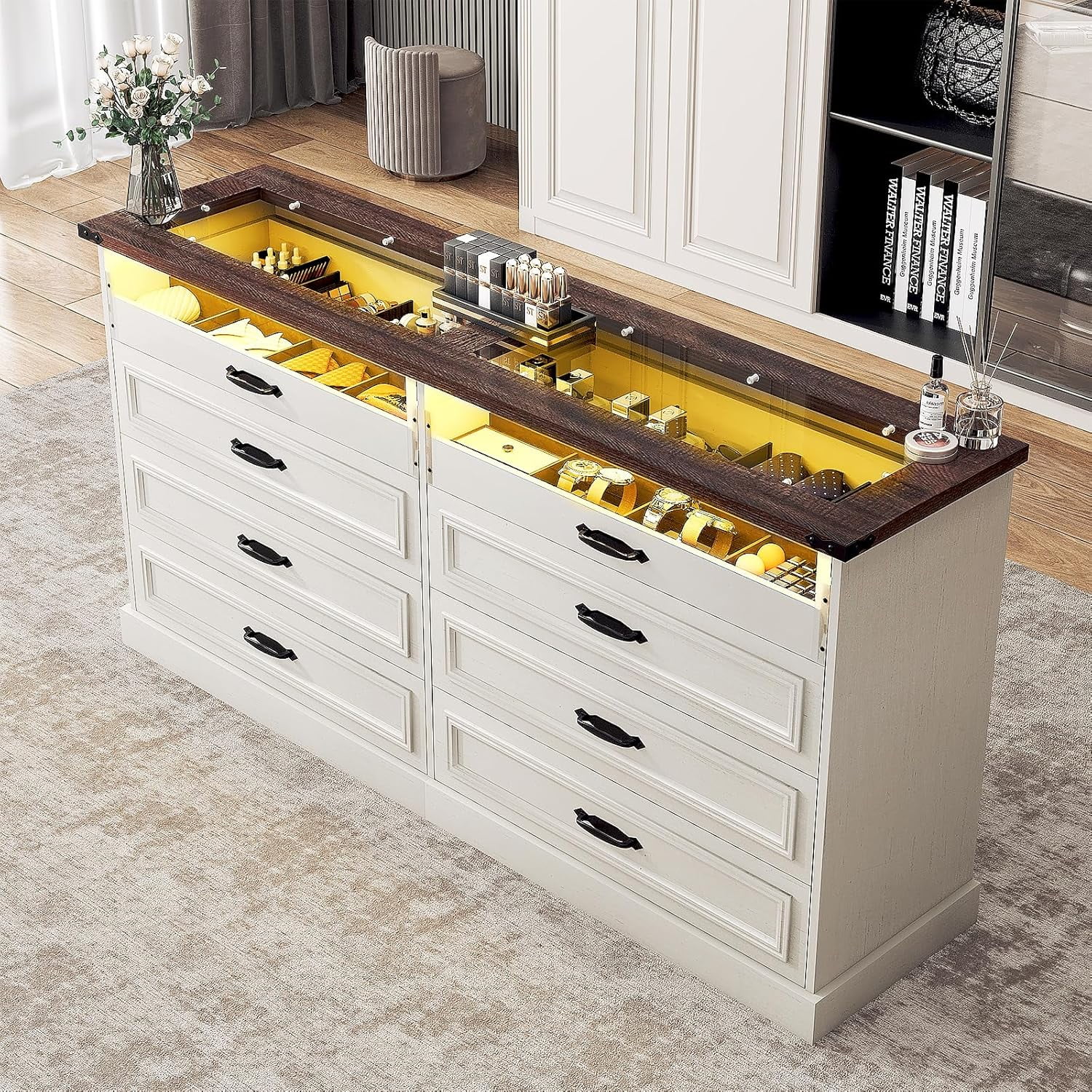 ChVans 63"W Wooden Dresser with Glass Top & Jewelry Drawer, Farmhouse 8 ...