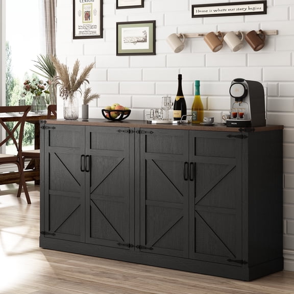 ChVans 65" Farmhouse Kitchen Buffet Cabinet with 4 Barn Doors, 34" Tall Wood Sideboard Credenza with Storage and Adjustable Shelves for Kitchen, Dining Room, Living Room, Black-Brown