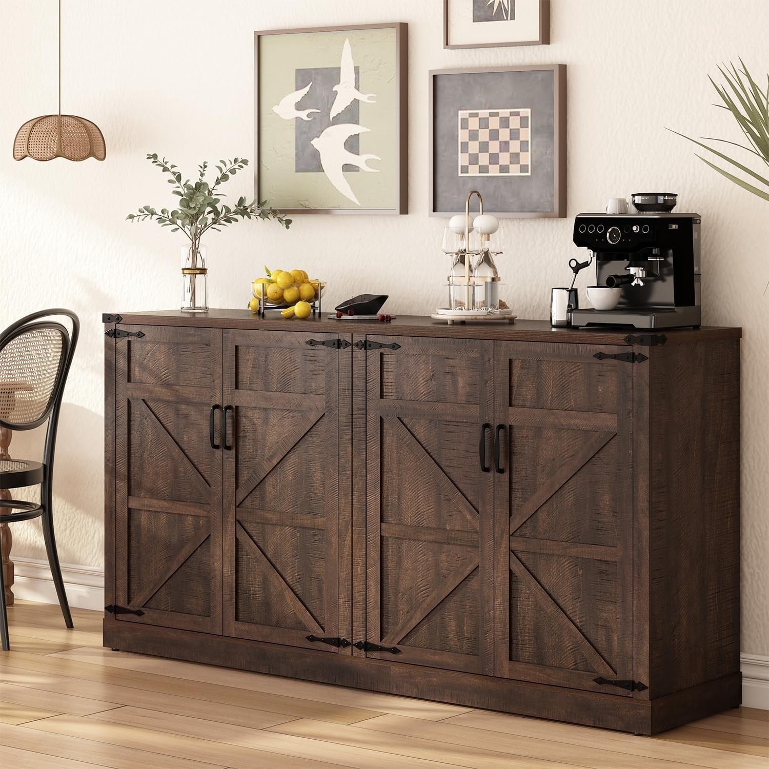 ChVans 65" Farmhouse Kitchen Buffet Cabinet with 4 Barn Doors, 34" Tall Wood Sideboard Credenza with Storage and Adjustable Shelves for Kitchen, Dining Room, Living Room, Brown
