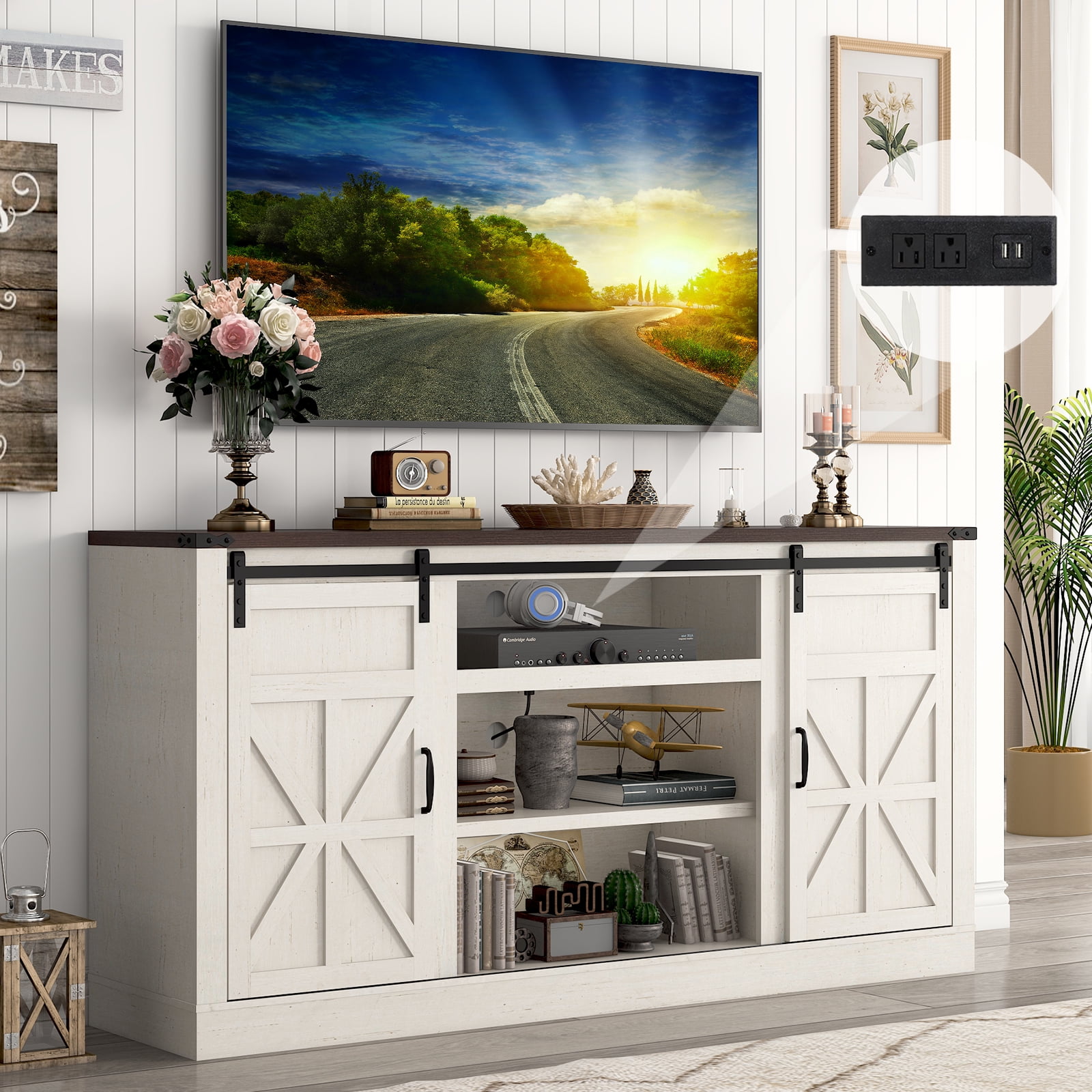 ChVans TV Stand for TVs up to 75", 66" Farmhouse Entertainment Center with Storage Cabinets, Sliding Barn Doors and Power Outlets, Rustic Media TV Console Table for Living Room, White