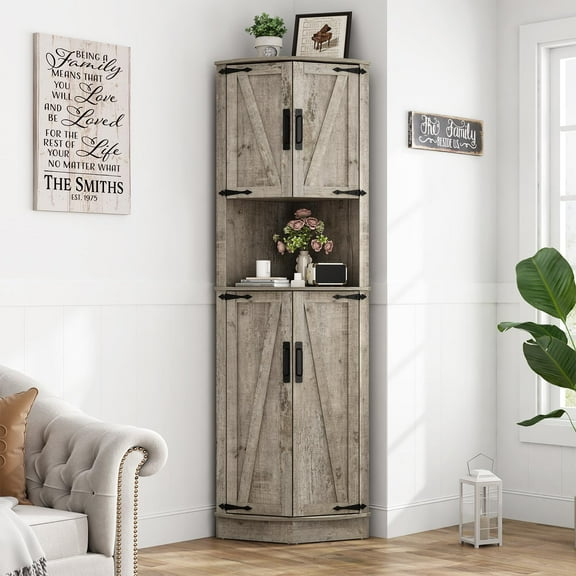ChVans 68" Farmhouse Tall Corner Cabinet w/4 Barn Doors, 5 Tier Bookcase Storage Cabinet with Adjustable Shelves, Corner Storage Cabinet for Bathroom,Living Room,Kitchen,Oak