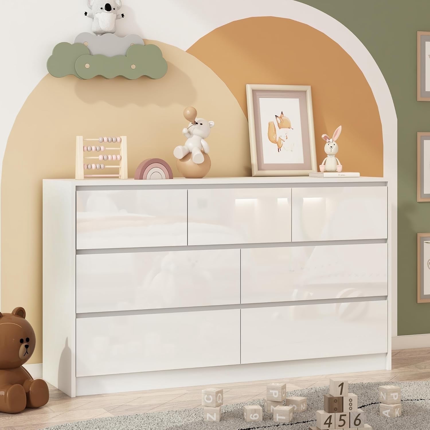 ChVans 7 Drawer Dresser for Bedroom, 55" Modern High Gloss White Dresser with Wood Chest of Drawer Handle Free, Long Dresser for Bedroom, Living Room, Entryway, Hallway