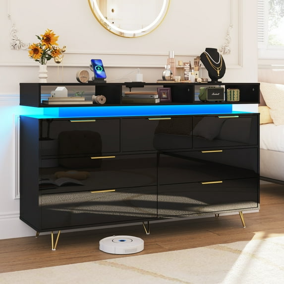 ChVans 7 Drawer Dresser with Power Outlet & LED Light, Modern Chest of Drawers for Closet Modern Large Dresser Organizer Cabinet for Bedroom, Living Room