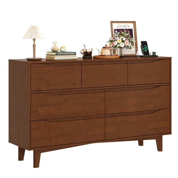 ChVans 7 Drawer Dresser with Power Outlets, Solid Wood Dresser for Bedroom, Mid-Century Modern Closet Dresser w/ Groove Handle for Living Room Hallway Entryway