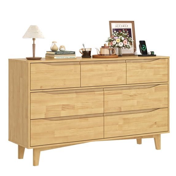 ChVans 7 Drawer Dresser with Power Outlets, Solid Wood Dresser for Bedroom, Mid-Century Modern Closet Dresser w/ Groove Handle for Living Room Hallway Entryway