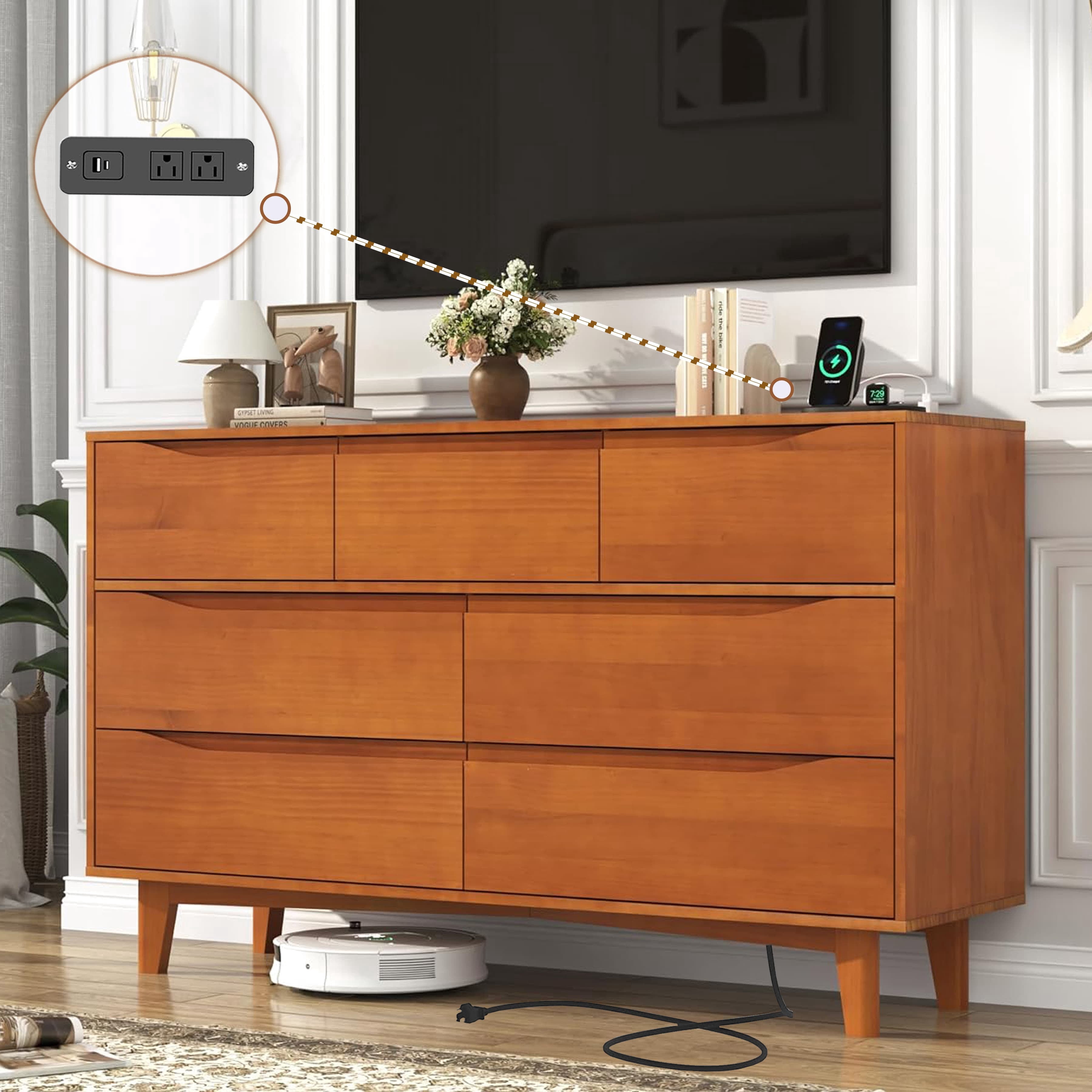 ChVans 7 Drawer Dresser with Power Outlets, Solid Wood Dresser for Bedroom, Mid-Century Modern Closet Dresser w/ Groove Handle for Living Room Hallway Entryway