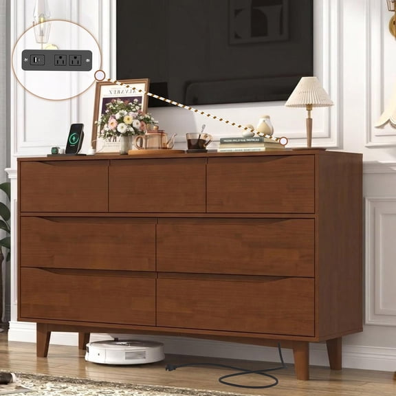 ChVans 7 Drawer Dresser with Power Outlets, Solid Wood Dresser for Bedroom, Mid-Century Modern Closet Dresser w/ Groove Handle for Living Room Hallway Entryway