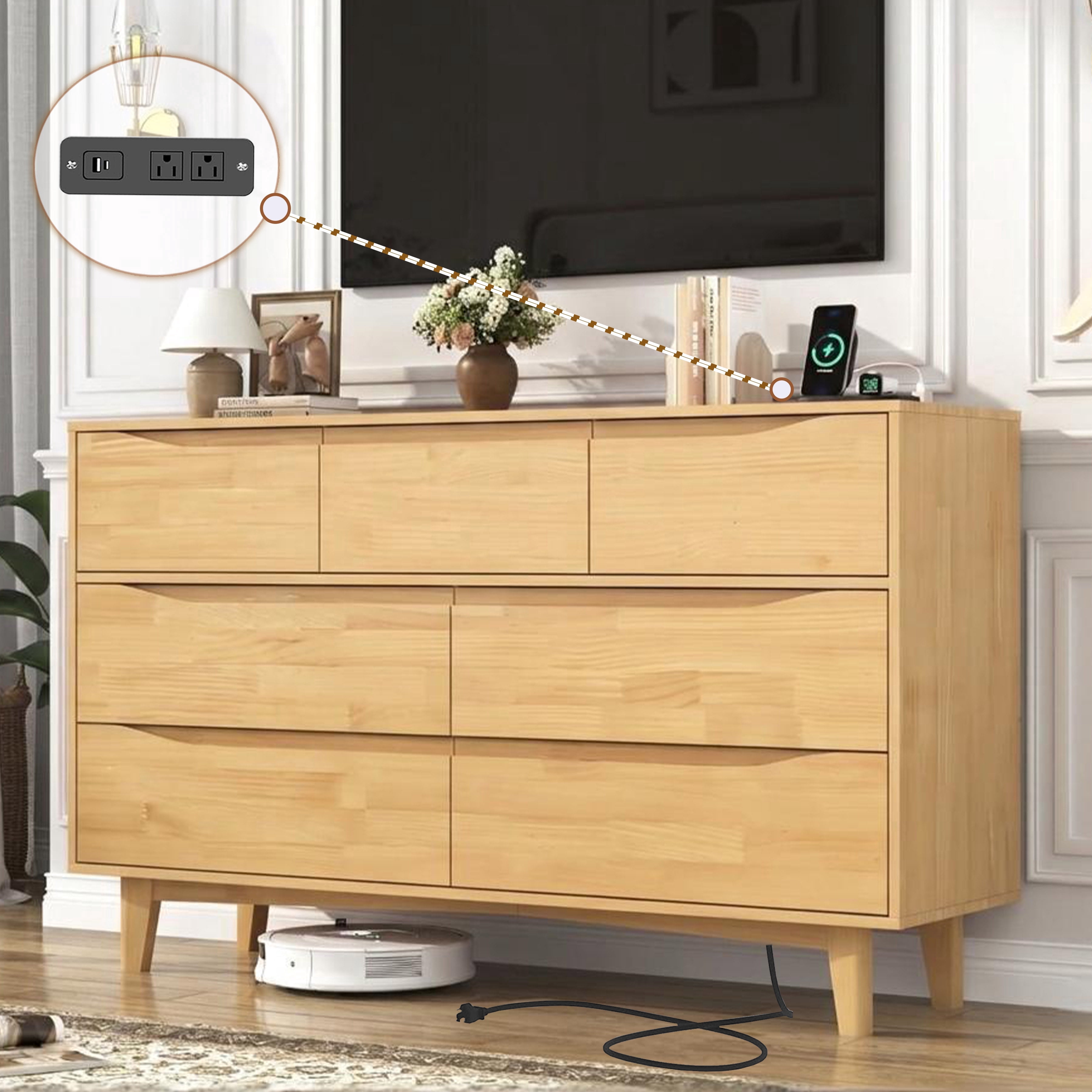 ChVans 7 Drawer Dresser with Power Outlets, Solid Wood Dresser for Bedroom, Mid-Century Modern Closet Dresser w/ Groove Handle for Living Room Hallway Entryway