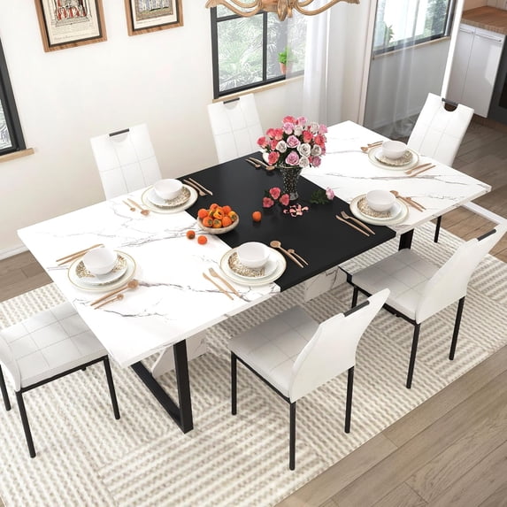 ChVans 7 Pcs Dining Table Set for 4-6 People with Chairs,71" Kitchen Dinner Table W/Waterpoof Wooden Tabletop,6 PCS Upholstered PU Chairs,Rectangular Wood Tables W/Adjustable Leg for Home Dining Room