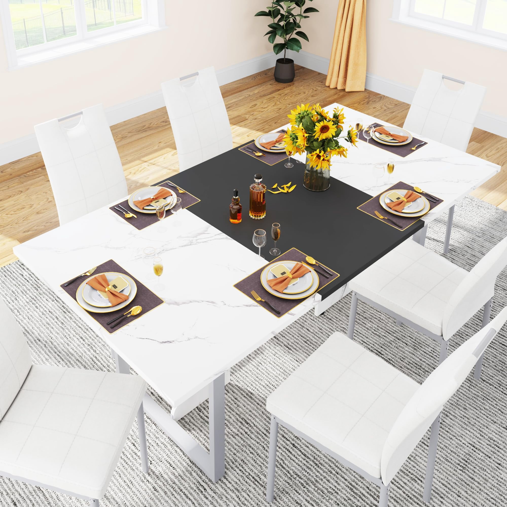 ChVans 7-Piece Dining Table Set with 6 Chairs for 4-6 People, 71" Large