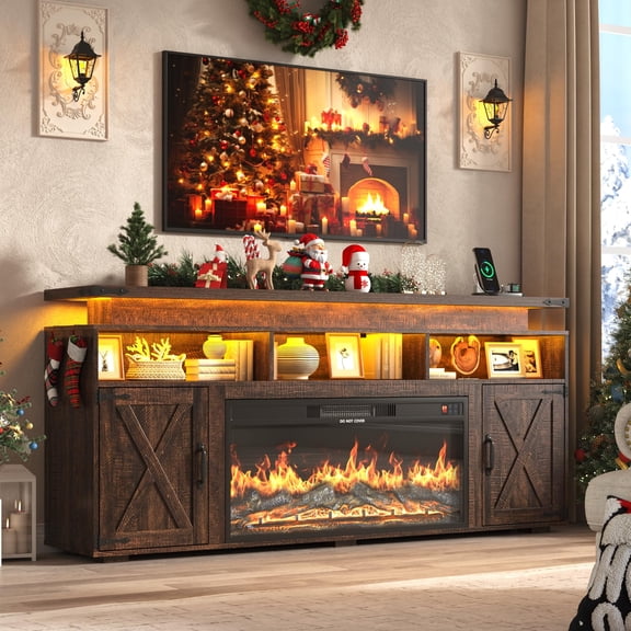 ChVans 70.8" Farmhouse Fireplace TV Stand for TVs up to 80" with 36" Electric Fireplace, 32" Tall Entertainment Center with Power Outlet/LED Lights, Media Console w/Sliding Barn Door for Living Room