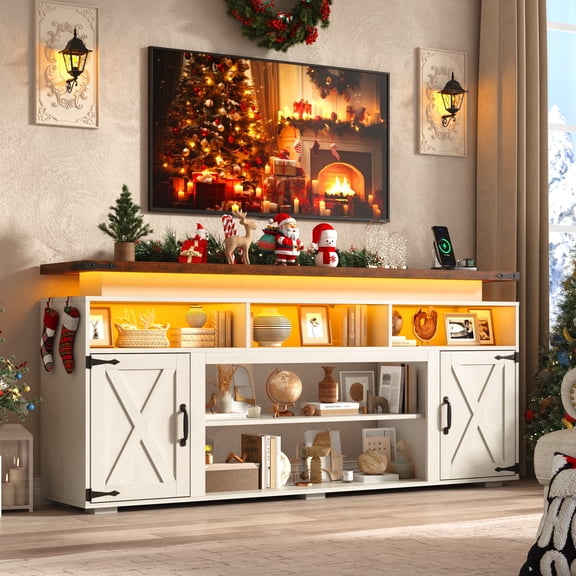 ChVans 70.8" Farmhouse TV Stand for TVs up to 85" with LED Lights, 32" Tall Entertainment Center with Power Outlet & Sliding Barn Door, Farmhouse Media Console for Living Room, White-brown
