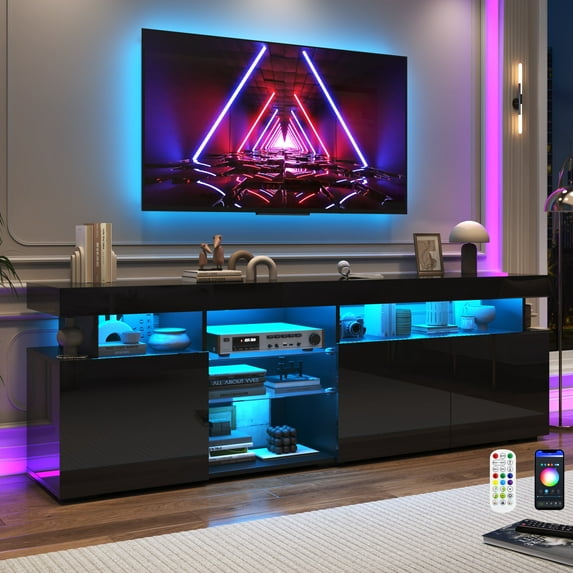 ChVans 70.8'' LED TV Stand for up to 80'' TVs, 2 Tier TV Console Cabinet with Storage Cabinet & Open Shelf, Glassy Modern Entertainment Center for Living Room, Bedroom