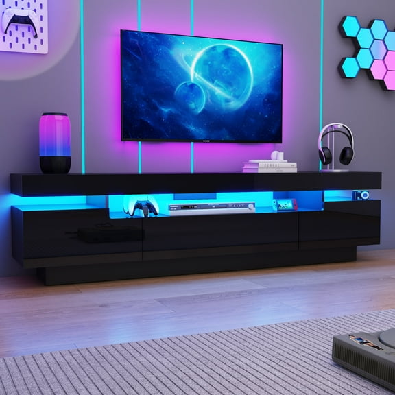 ChVans 70.9" Large LED TV Stand for 70/75/85" TV, Black High Gloss Entertainment Center w/LED Lights & Storage Drawers Furniture, Living Room TV Cabinet Console Table, Black-70.9"