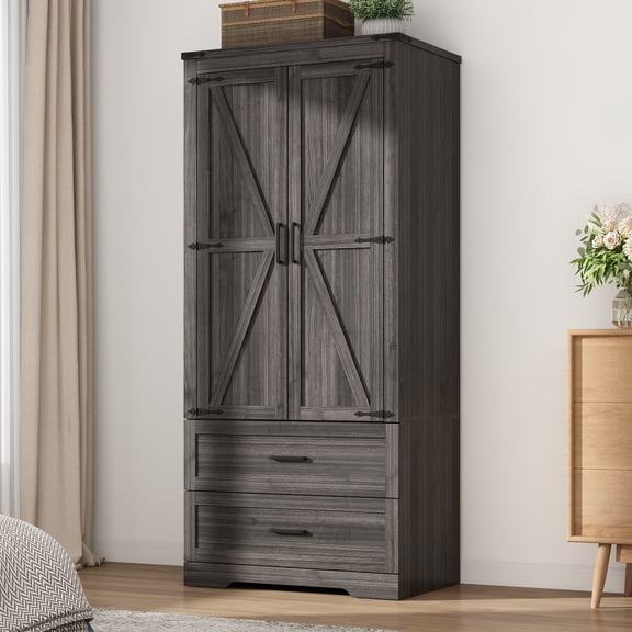 ChVans 70" Farmhouse 2 Door Armoire Wardrobe With 2 Drawers, Hanging Rod And 2 Adjustable Shelves For Bedroom, Gray
