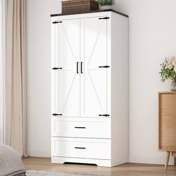 ChVans 70" Farmhouse 2 Door Armoire Wardrobe With 2 Drawers, Hanging Rod And 2 Adjustable Shelves For Bedroom, White Brown