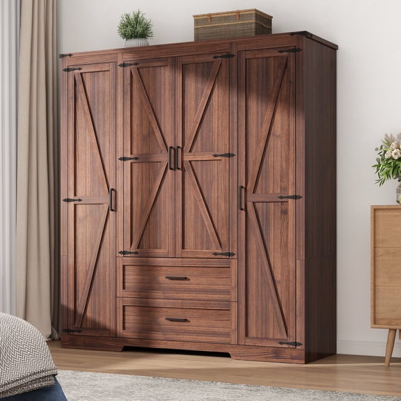 70" Large Farmhouse 4 Door Wardrobe Armoire Closet with 2 Storage Large Drawers & 5 Storage Cabinet, Barn Door Storage Wardrobe w/Hanging Rod & Adjustable Shelves for Bedroom(Rustic Brown-70")