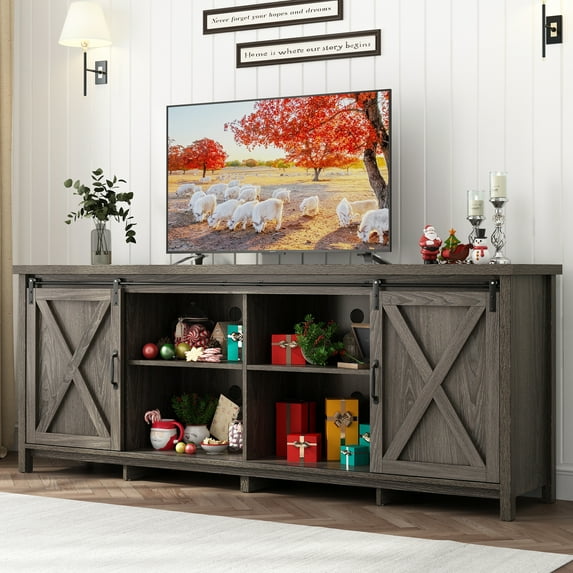 ChVans 70" Farmhouse Sliding Barn Door TV Stand for TVs Up to 80" TVs, Entertainment Center Console Table with Adjustable Shevles