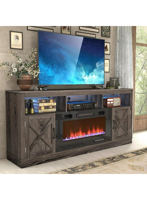 ChVans 70" Fireplace TV Stand for TVs up to 80" with 36" Electric Fireplace, Farmhouse Entertainment Center with LED, Wooden Media Console for Living Room, Bedroom(Grey)