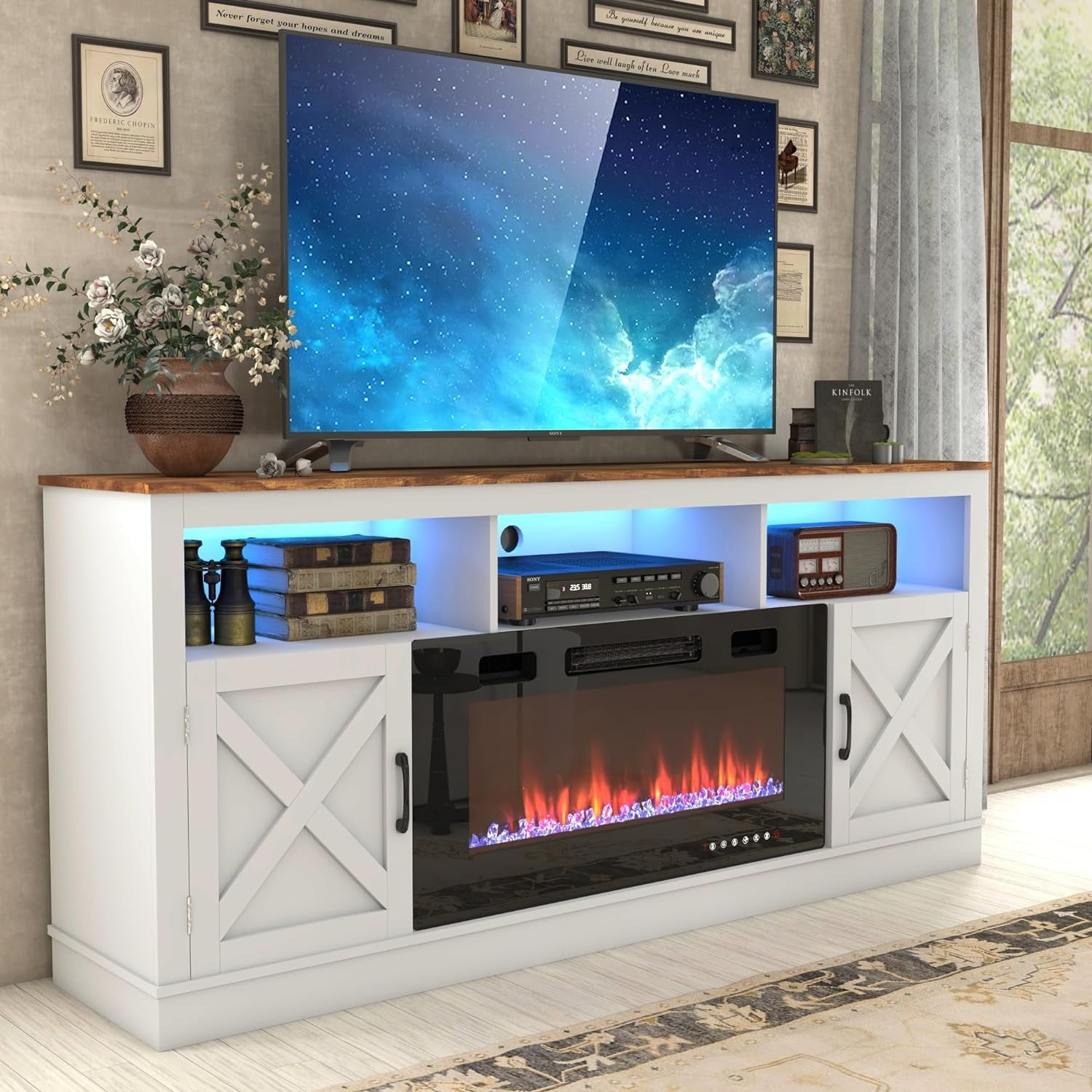 ChVans 70 Fireplace TV Stand for TVs up to 80 with 36 Electric Fireplace Farmhouse Entertainment Center with LED Wooden Media Console for Living