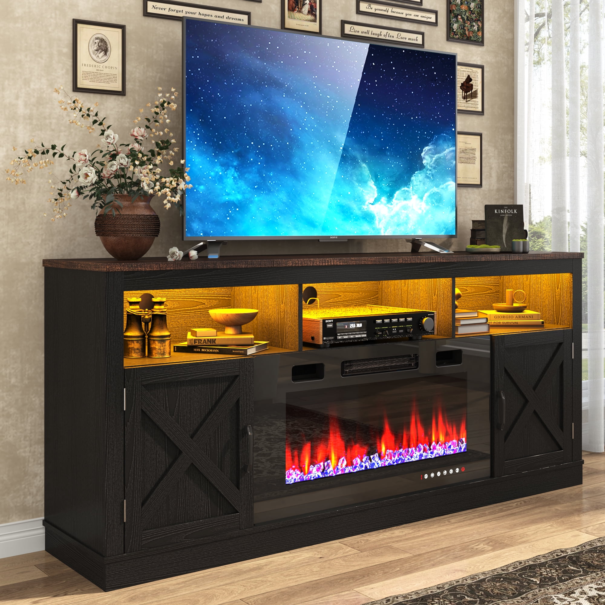 ChVans 70" Fireplace TV Stand for TVs up to 80" with 36" Electric Fireplace, Farmhouse Entertainment Center with LED, Wooden Media Console for Living Room, Bedroom - Walmart.com