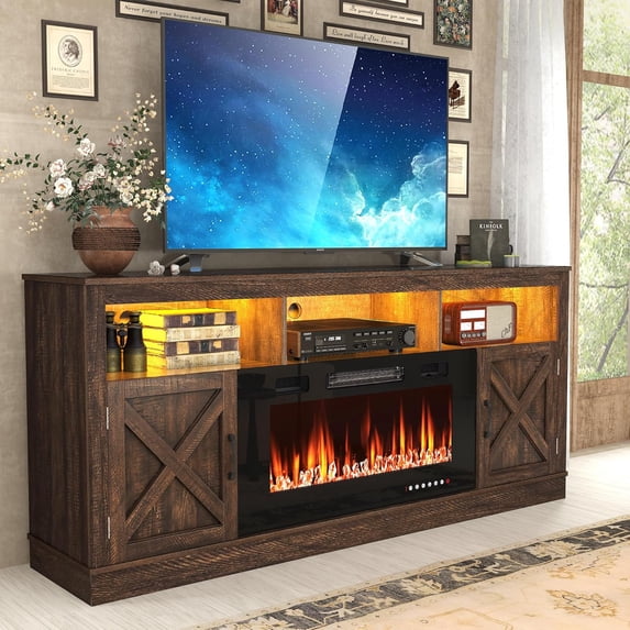 ChVans Fireplace TV Stand for TVs up to 80" with 36" Electric Fireplace, Farmhouse Entertainment Center with LED, Wooden Media Console for Living Room, Bedroom