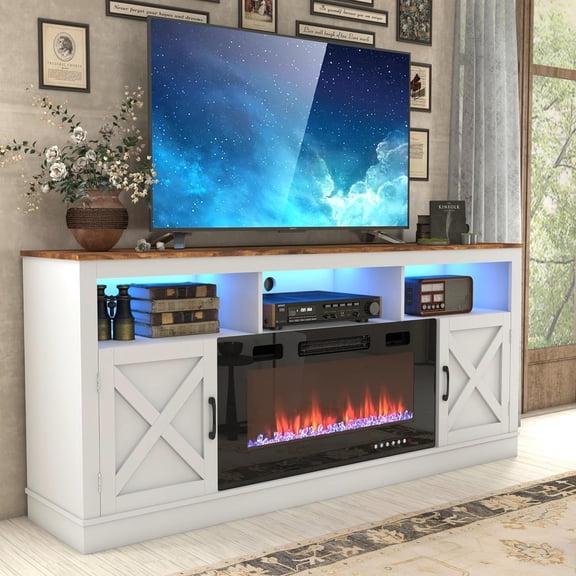 ChVans 70" Fireplace TV Stand for TVs up to 80" with 36" Electric Fireplace, Farmhouse Entertainment Center with LED, Wooden Media Console for Living Room, Bedroom