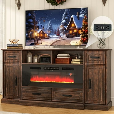 ChVans 70" Fireplace TV Stand for TVs up to 80" with 40" Electric Fireplace, Farmhouse Entertainment Center with Power Outlets, Storage Cabinet and Drawers (Rustic Brown)