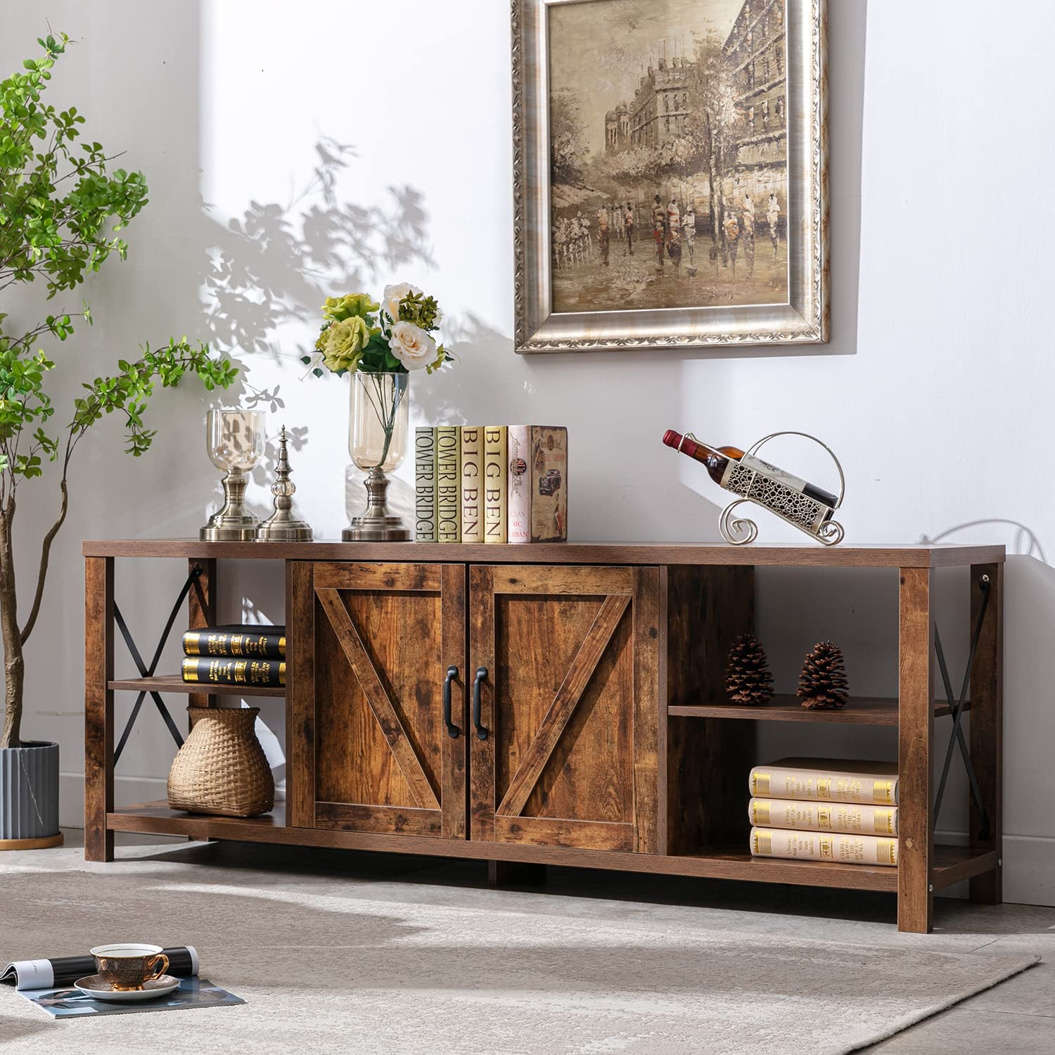 Nathan James Dylan Media Console TV Stand with Hidden Storage Herringbone Pattern Wood