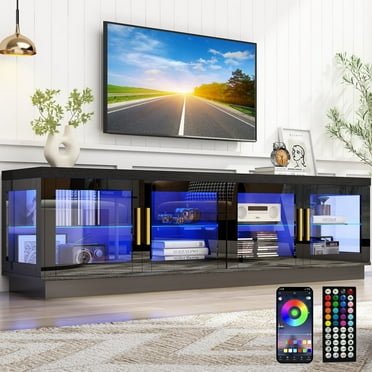 ChVans 70" LED TV Stand for TVs up to 85", High Glossy Entertainment Center with Storage Cabinet & Glass Door, Modern TV Console Media Cabinet for Living Room, Bedroom (Black)
