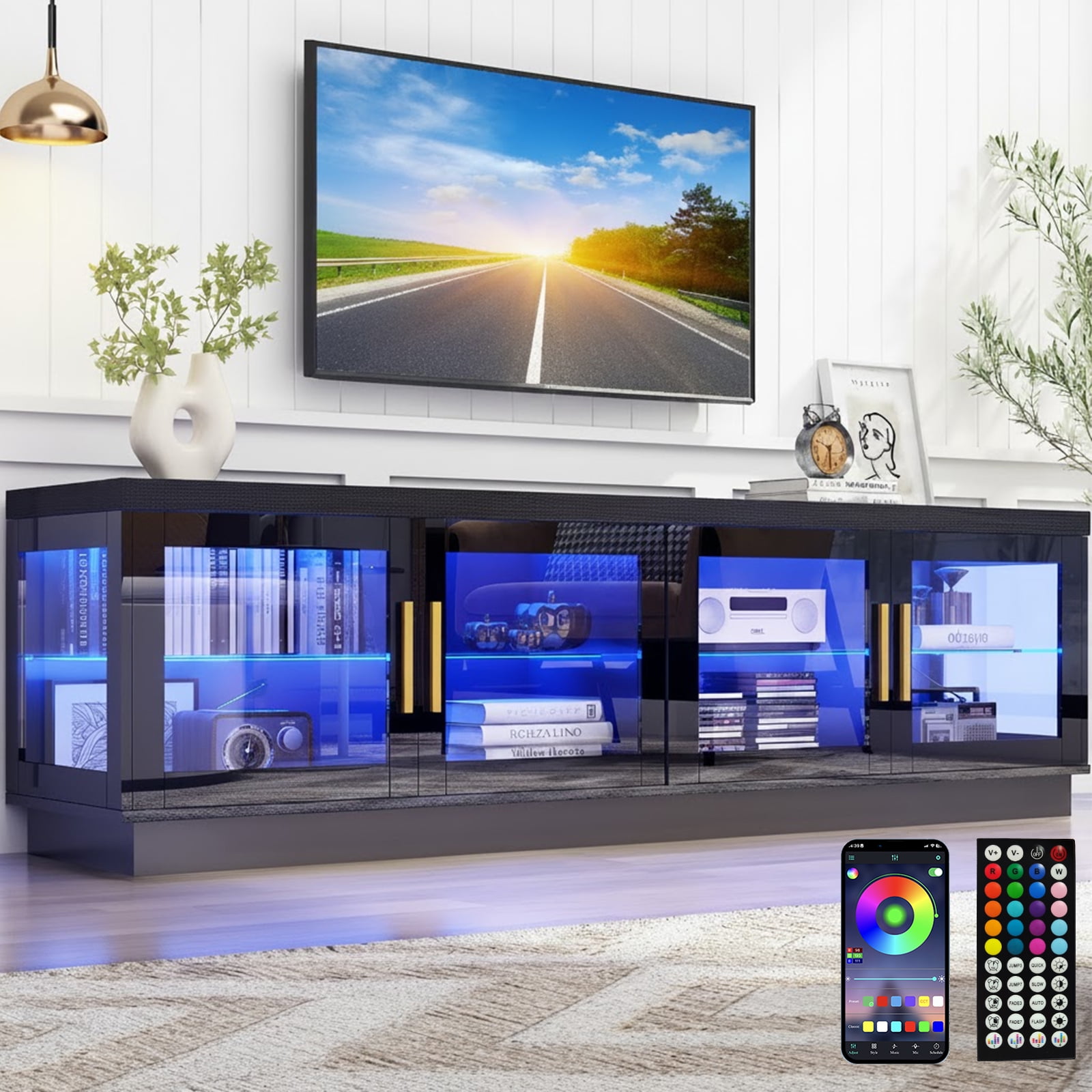 ChVans 71" LED TV Stand for 85/80/75inch TV, High Glossy Entertainment Center with Storage Cabinet & Glass Door, Modern TV Console Media Cabinet for Living Room, Bedroom (Black)