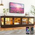 thumbnail image 1 of ChVans 70" LED TV Stand for TVs up to 85", Wood Farmhouse TV Stand with Storage Cabinet & Glass Door, Modern TV Console Media Cabinet for Living Room, Bedroom (Brown), 1 of 8