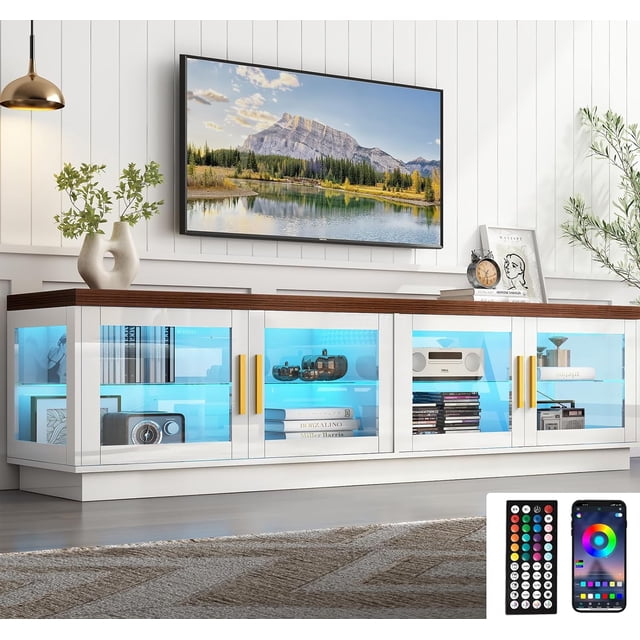 ChVans 70" LED TV Stand for TVs up to 80", High Glossy Entertainment Center with Storage Cabinet, Modern TV Console Media Cabinet for Living Room, Bedroom (White)