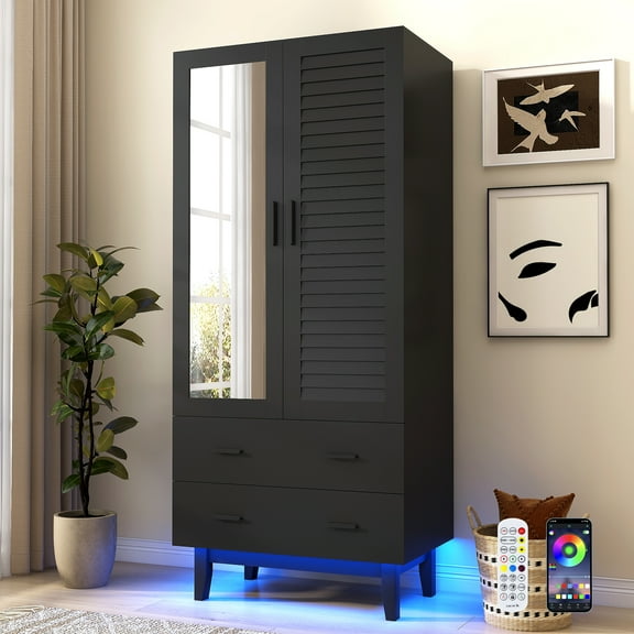 ChVans 71" Tall Armoire Wardrobe with Mirror & LED Lights , 2 Door Wood Wardrobe Armoire with 2 Drawers & Multi-Layer Shelves and Hanging Rod, Large Capacity Louver Storage Cabinet, Black