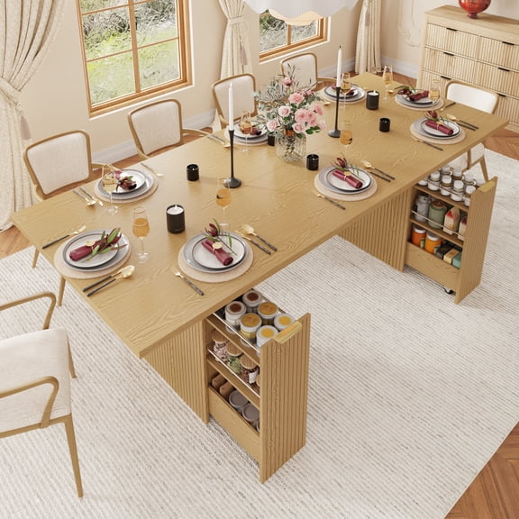 ChVans 70"-93" Extendable Dining Table for 8 10 12, Rectangular Wood Kitchen Table with Fluted Base and Storage, Double Pedestal Modern Farmhouse Dining Table for Living Room, Oak