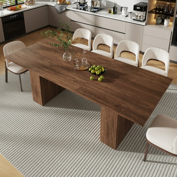 ChVans 70"-93" Extendable Dining Table for 8 10 12, Rectangular Wood Kitchen Table with Fluted Base and Storage, Double Pedestal Modern Farmhouse Dining Table for Living Room, Walnut