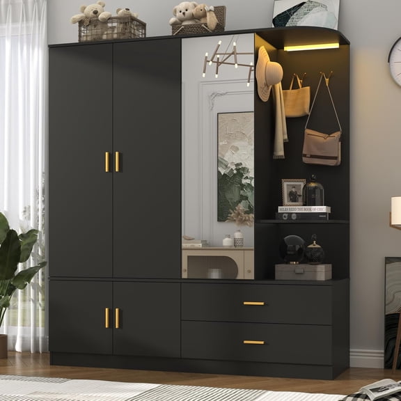 ChVans 71'' Armoire Wardrobe Closet with Mirror and Sensor Light, Modern Large Wooden Armoire Closet with 5 Doors, 2 Drawers, 2 Hanging Rods, Open Space for Bedroom