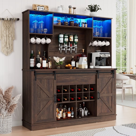 ChVans 71'' Farmhosue LED Bar Cabinet with Power Outlet&Sliding Barn Door, Large Rustic Coffee Bar Cabinet with Liquor Dispenser, Drawer, Wine Rack, Hook, Glass Holder, Coffee Bar Hutch for Kitchen