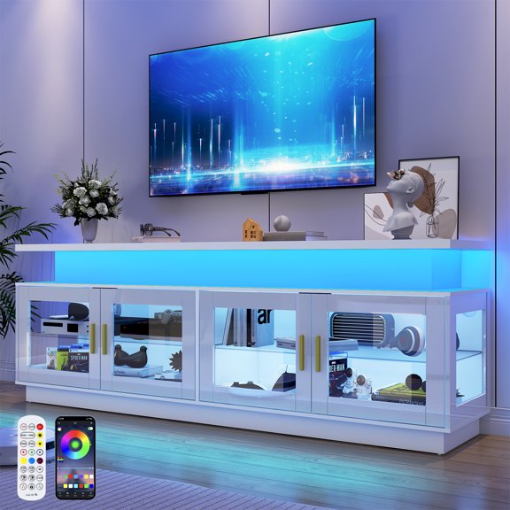 ChVans 71" LED TV Stand with Power Outlet for up 85" TVs, Modern High Gloss Gaming Entertainment Center, White TV Console Table with Glass Door and Storage Cabinet