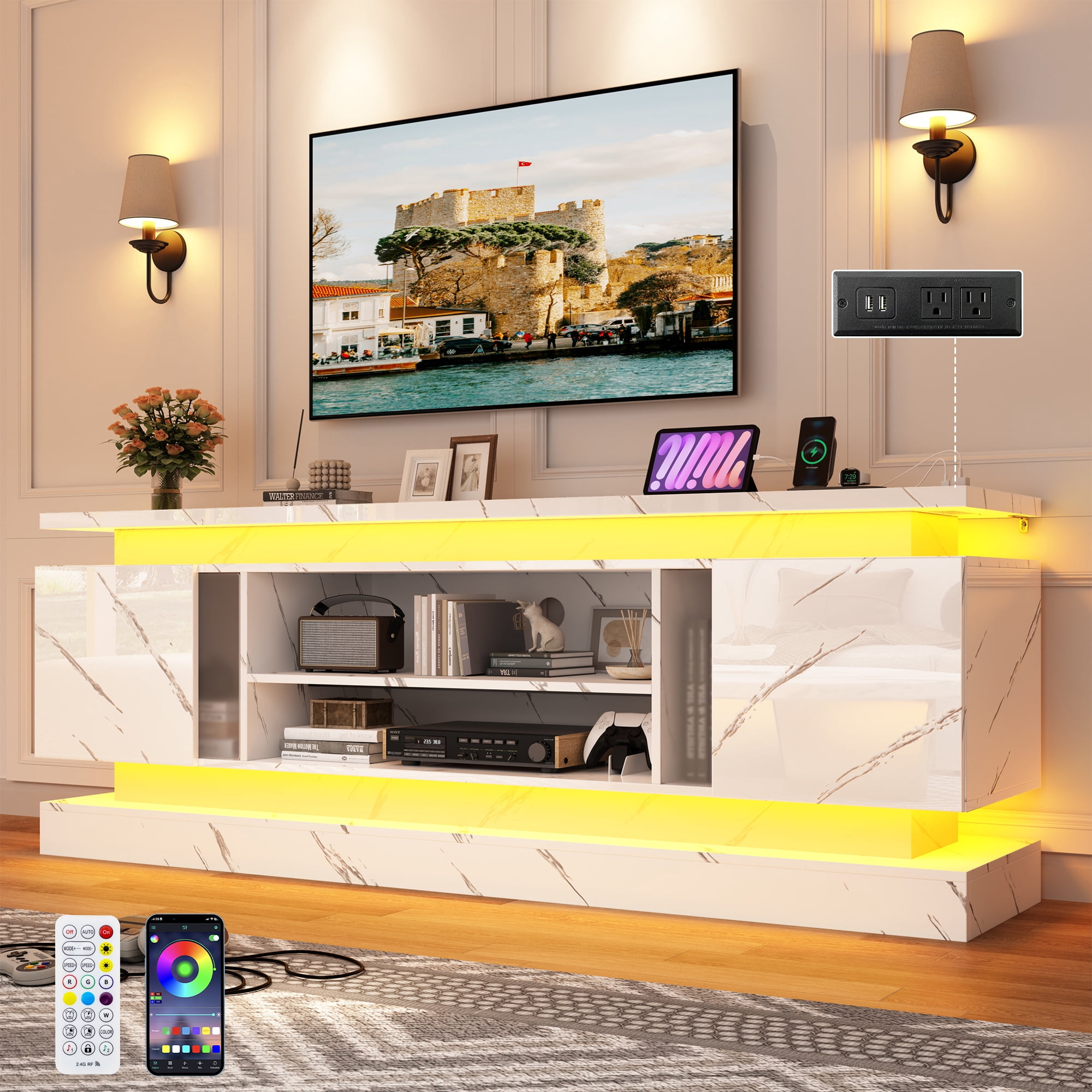 ChVans 71" LED TV Stand for TVs up to 85" with Power Outlets, Marble High Gloss Surface, 2 Storage Cabinet, Modern Style, TV Media Console with Storage, Marble Black