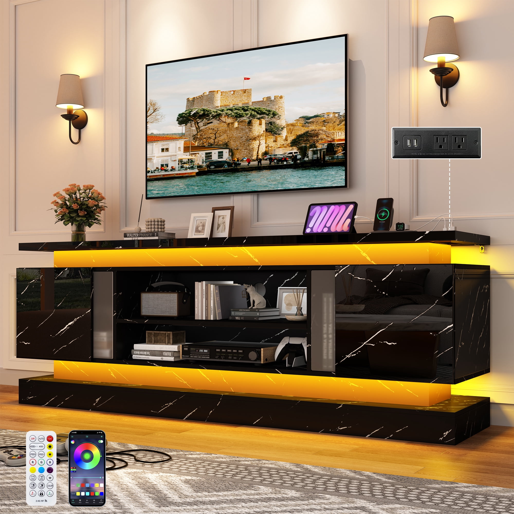 ChVans 71" LED TV Stand for TVs up to 85" with Power Outlets, Marble High Gloss Surface, 2 Storage Cabinet, Modern Style, TV Media Console with Storage, Marble Black
