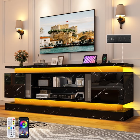 ChVans 71" LED TV Stand for TVs up to 85" with Power Outlets, Marble High Gloss Surface, 2 Storage Cabinet, Modern Style, TV Media Console with Storage, Marble Black