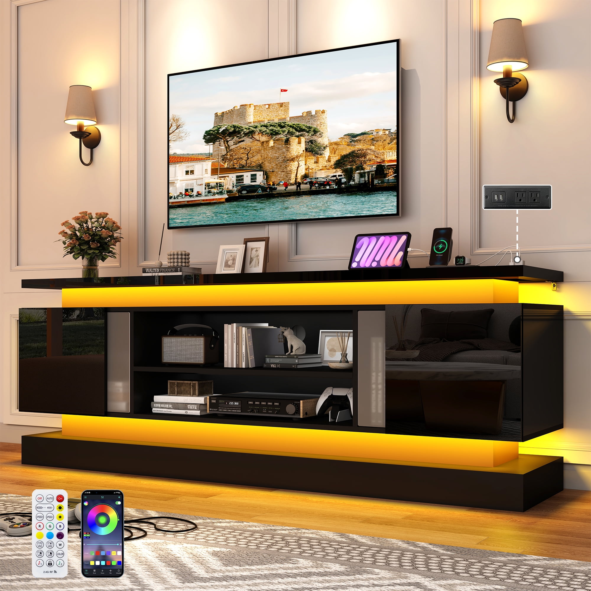 ChVans 71" LED TV Stand for TVs up to 85" with Power Outlets, High Gloss Surface, 2 Storage Cabinet, Modern Style, TV Media Console with Storage, Black