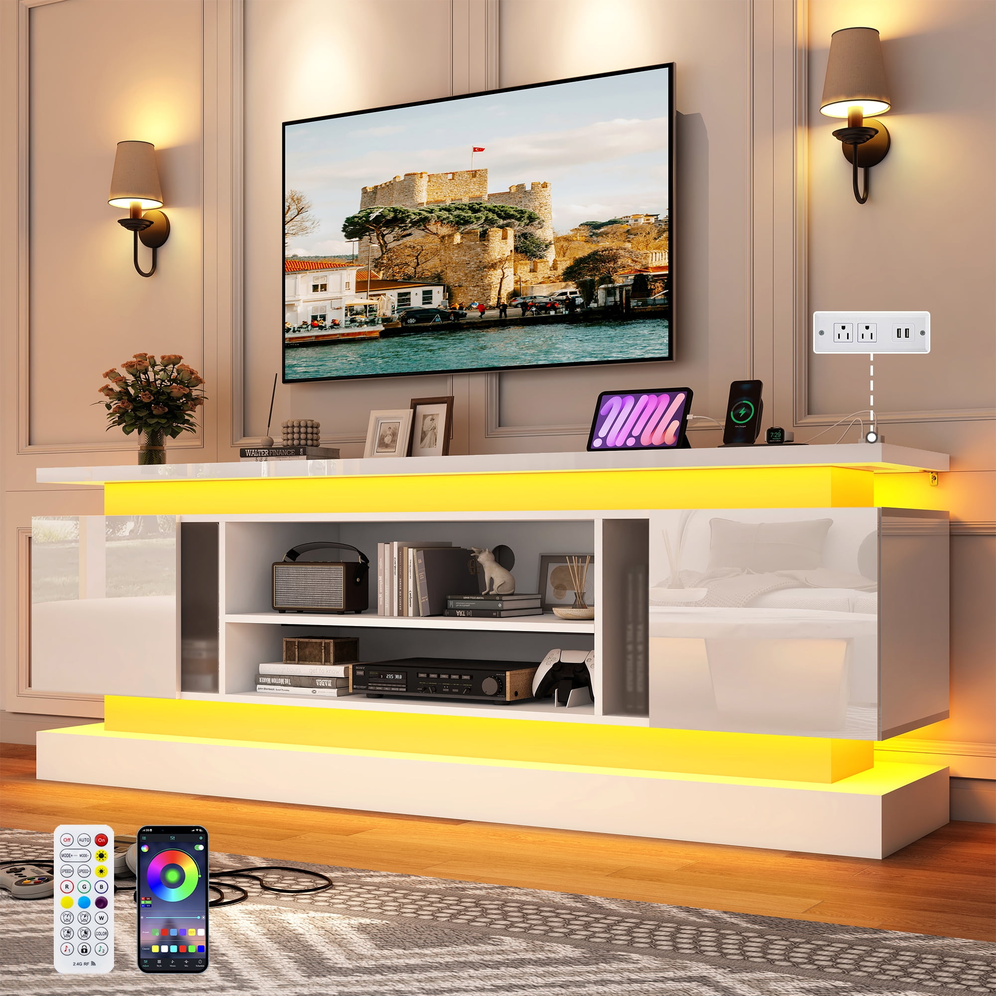 ChVans 71" LED TV Stand for TVs up to 85" with Power Outlets, High Gloss Surface, 2 Storage Cabinet, Modern Style, TV Media Console with Storage, White